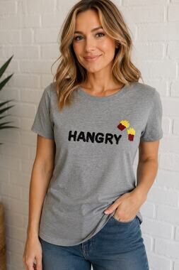 Bow & Drape “Hangry” Gray Sequin Graphic Tee | Funny French Fries T-Shirt | NWT